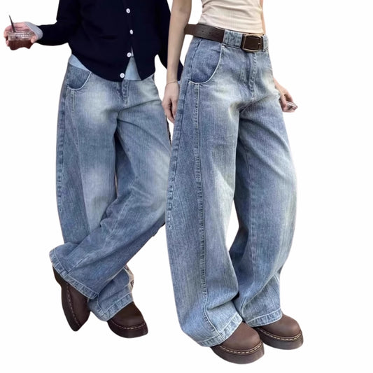 デニムパンツ レディース 韓国 ファッション バレルレッグ カーブデニム 色褪せ加工 ダメージ加工 ジーンズ ロング パンツ