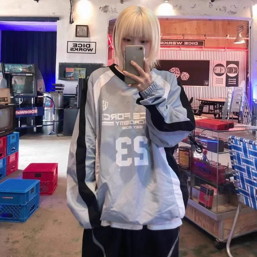 ナイロン ロングTシャツ レディース 韓国 ファッション プルオーバー 袖ライン ナンバーロゴ バイカラー ゲームシャツ スポーティー ストリート オーバーサイズsutori-to