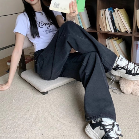 ブラック デニムパンツ レディース 韓国 ウォッシュ加工 ストレート ワイドフィット デニムパンツ