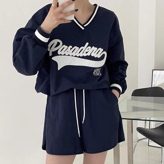 ナイロン セットアップ レディース 韓国 ロゴ トレーナー ハーフパンツ 上下セット Vネック ゆったり ロゴ トップス