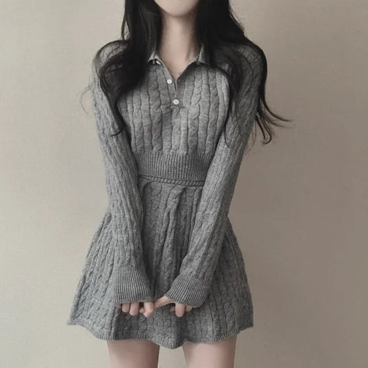 ニット セットアップ レディース 韓国 ファッション ポロ ボタン クロップド ニット トップス ニット フレアスカート 上下セット ワンピース風