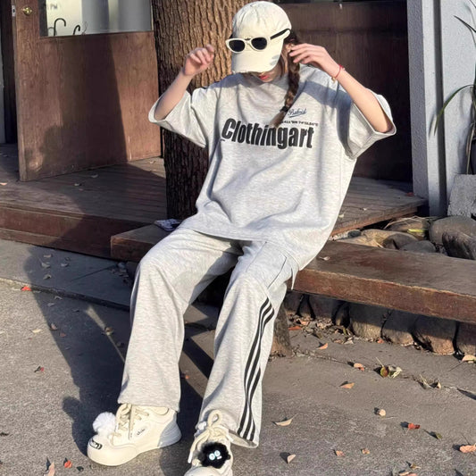 セットアップ レディース 韓国 ファッション ロゴ Tシャツ ラインパンツ ジャージ 上下セット 夏 スポーツウェア