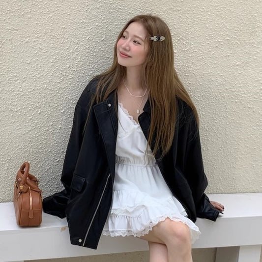 エコレザー ジャケット レディース 韓国 ファッション フェイク レザー ジップブルゾン オーバーサイズ アウター