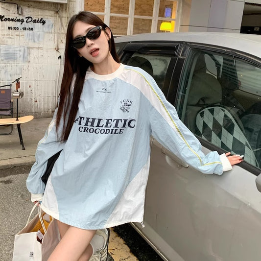 ナイロン ユニフォーム ロンT レディース ロゴ バイカラー 韓国 ファッション カラーブロック ロゴ ドローコード 絞り オーバーサイズ ロングtシャツ