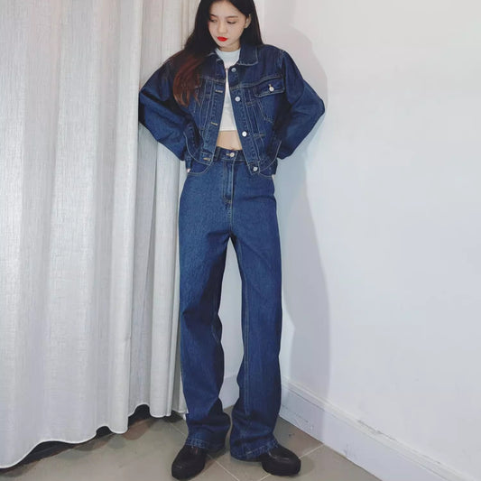 デニム セットアップ レディース 韓国 ファッション インディゴ デニムパンツ クロップド デニムジャケット ショート丈 Gジャン 上下セット