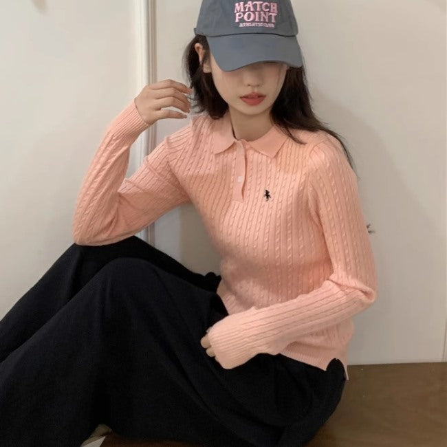 ポロ ニット 長袖 レディース ケーブルニット 韓国 ファッション タイトフィット ワンポイント ロゴ 秋冬 トップス