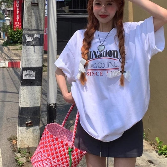 ロゴ グラフィック ビッグTシャツ レディース 韓国 ファッション オーバーサイズ T 半袖 夏 トップス 白・ グレー