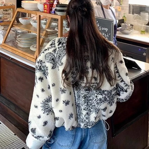 ペイズリー柄 ボアジャケット レディース 韓国 ファッション ノーカラー ボアフリース ブルゾン 裏地 キルティング 冬アウター