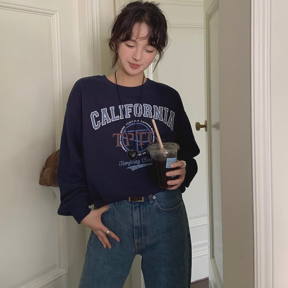 トレーナー レディース 韓国 ロゴ プリント オーバーサイズ クロップド丈 スウェット シャツ 秋 服 ファッション