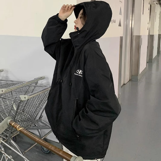 ナイロン ジャケット パーカー レディース 韓国 ファッション オーバーサイズ マウンテンパーカー ワンポイントロゴ 春秋アウター アウトドア ストリート