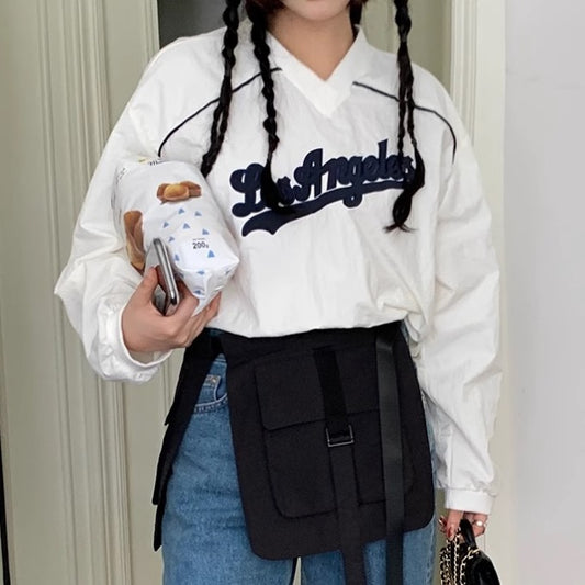 クロップド ベースボールシャツ ナイロン トレーナー レディース 韓国 ファッション ロゴ パイピング スポーティー アメカジ トップス