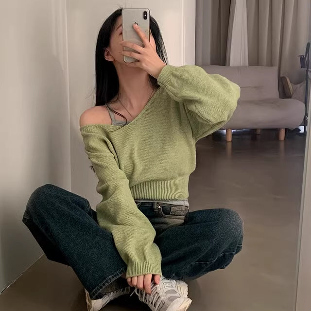 クロップド ニット レディース 韓国 トップス 冬 ショート丈 Vネック セーター