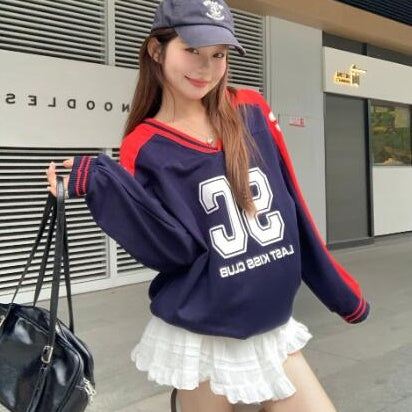 スウェット ゲームシャツ レディース 韓国 ファッション Vネック ロゴ スポーティー トレーナー オーバーサイズ