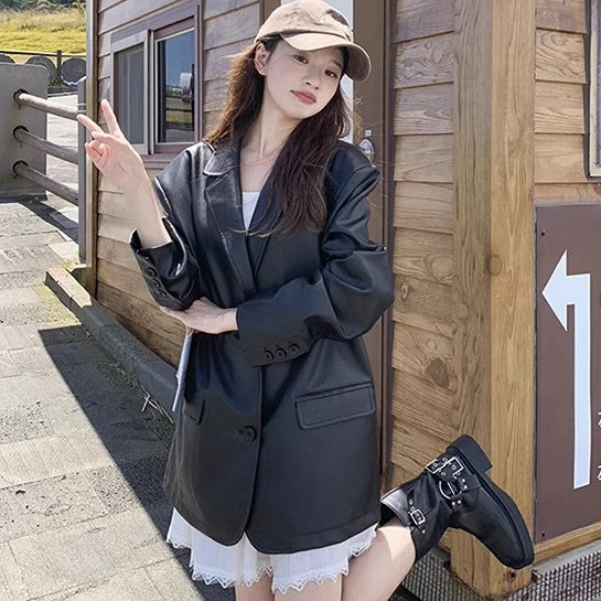 エコレザー オーバージャケット レディース 韓国 ファッション テーラードジャケット シングル フェイクレザー ジャケット