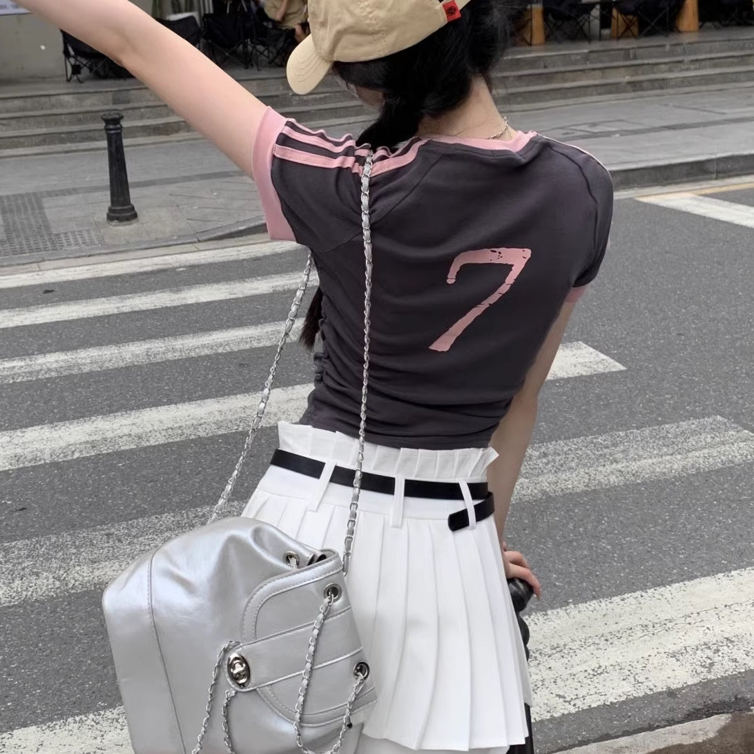 ライン Tシャツ レディース 韓国 ファッション クロップドT シャーリング リンガーtシャツ ロゴマーク 肩ライン スポーティー