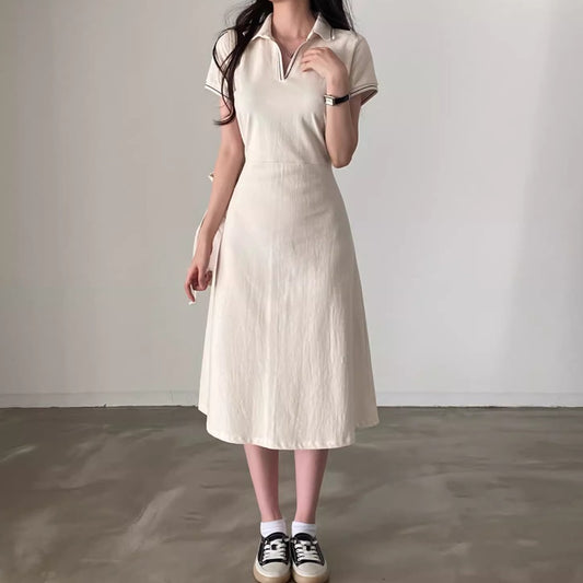 ポロワンピース フレア 韓国 ファッション スキッパー Aライン バックリボン Vネック ひざ下丈 ロングワンピース