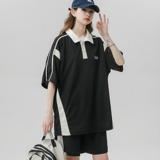 ジャージ セットアップ レディース 韓国 夏服 半袖 ポロシャツ ハーフパンツ バイカラー ワンポイントロゴ スポーツウェア 上下セット ストリート系 女子