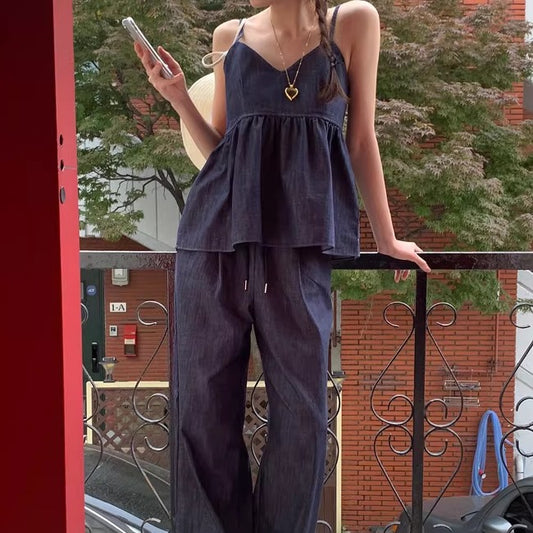 デニム セットアップ 夏 レディース 韓国 デニムチュニック キャミソール ワイドパンツ 上下セット 夏コーデ