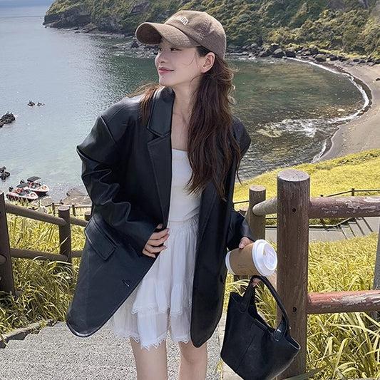 エコレザー オーバージャケット レディース 韓国 ファッション テーラードジャケット シングル フェイクレザー ジャケット