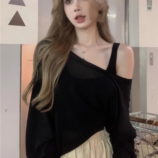 ニット アンサンブル トップス レディース 韓国 ファッション カジュアル オフショル 長袖 ハーフトップ ゆったり オーバーサイズ すけ感 シアーニット レイヤード