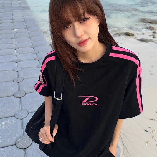 ライン Tシャツ レディース 韓国 ファッション スポーティ 袖ライン ロゴT