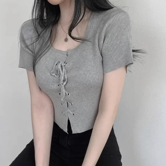 レースアップ 半袖 カットソー レディース 韓国 ファッション 夏 クロップド リブ素材 ストレッチ トップス