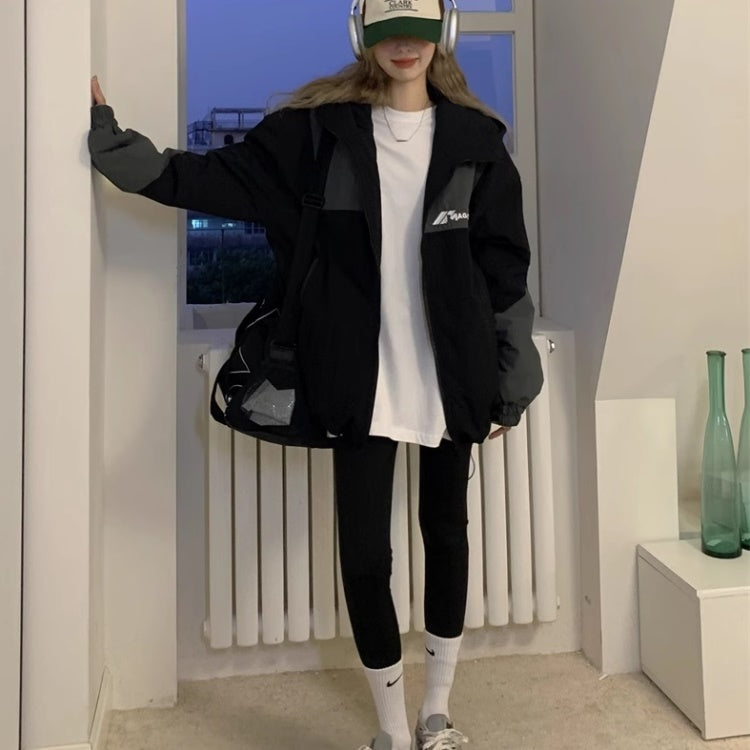 カラーブロック ナイロンジャケット レディース 韓国 ファッション ジップアップ ロゴ ナイロンパーカー ナイロンジャケット