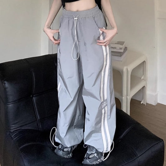 ライン パラシュートパンツ 韓国 ファッション レディース スポーツ ストリート ナイロン ワイドパンツ