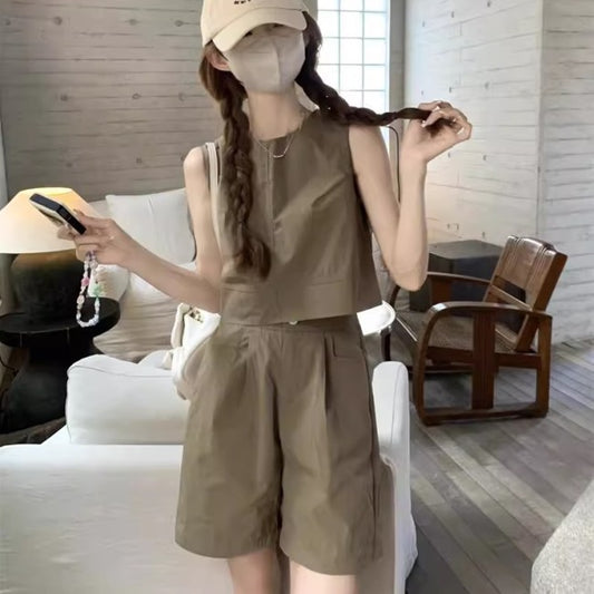 セットアップ レディース ノースリーブ ハーフパンツ 上下セット 韓国 ファッション シンプル カジュアル 2点セット