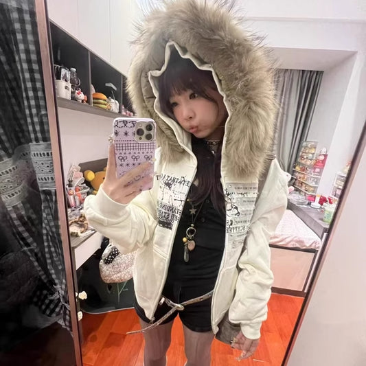 ファーフード パーカー レディース 韓国 ファッション スウェット ロゴプリント ゴシック ストリート フーディー