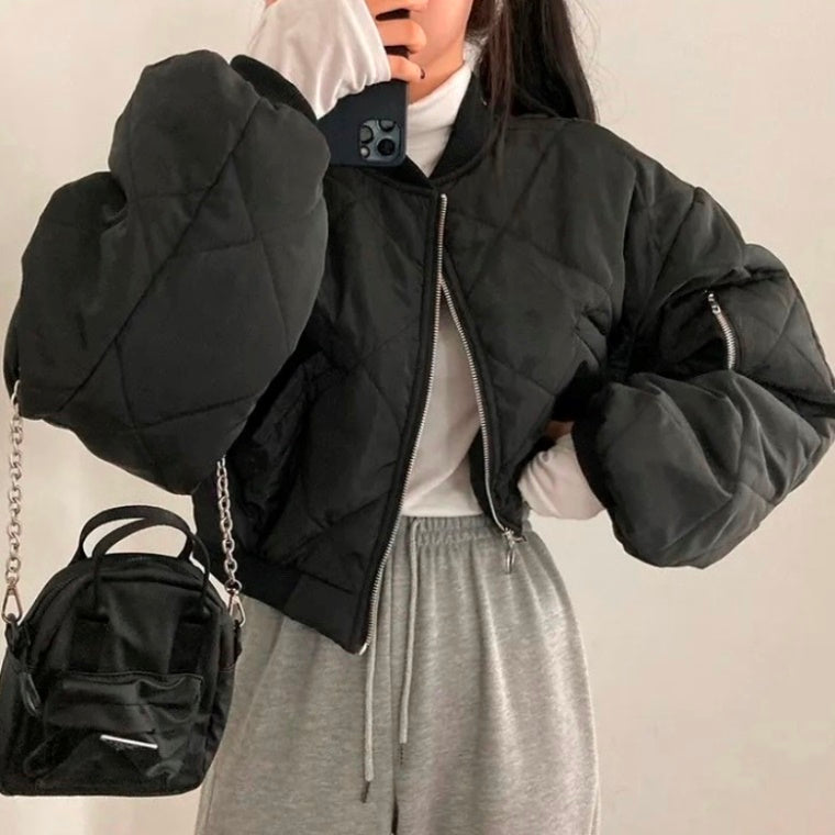 キルティング ブルゾン レディース 韓国 ファッション クロップド ワイドシルエット ノーカラー ジャケット