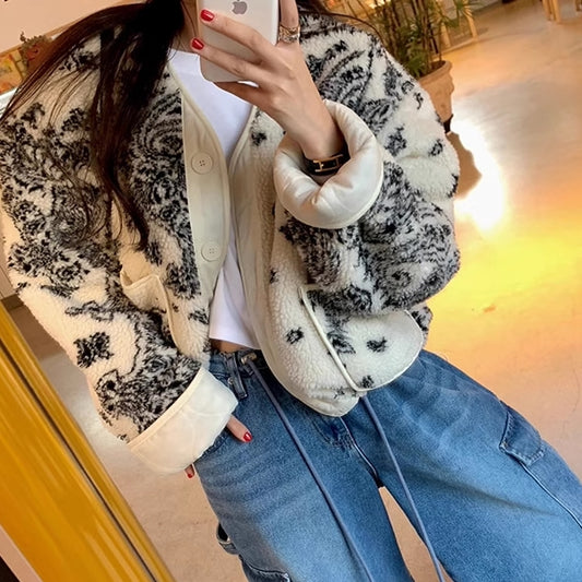 ペイズリー柄 ボアジャケット レディース 韓国 ファッション ノーカラー ボアフリース ブルゾン 裏地 キルティング 冬アウター