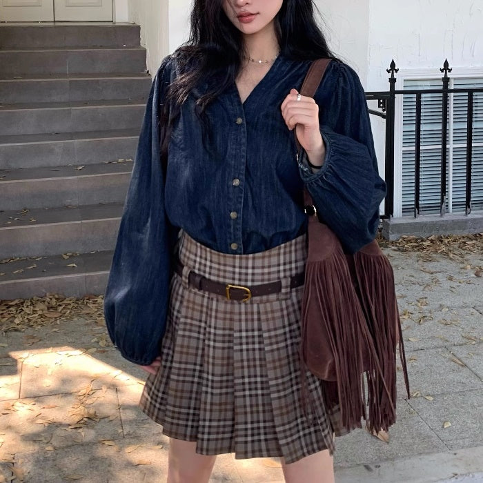 コーデセット デニムシャツ プリーツスカート 上下セット レディース 韓国 ファッション プリーツ チェックスカート バルーンスリーブ ダンガリーシャツ 長袖 ミニスカート 秋コーデ