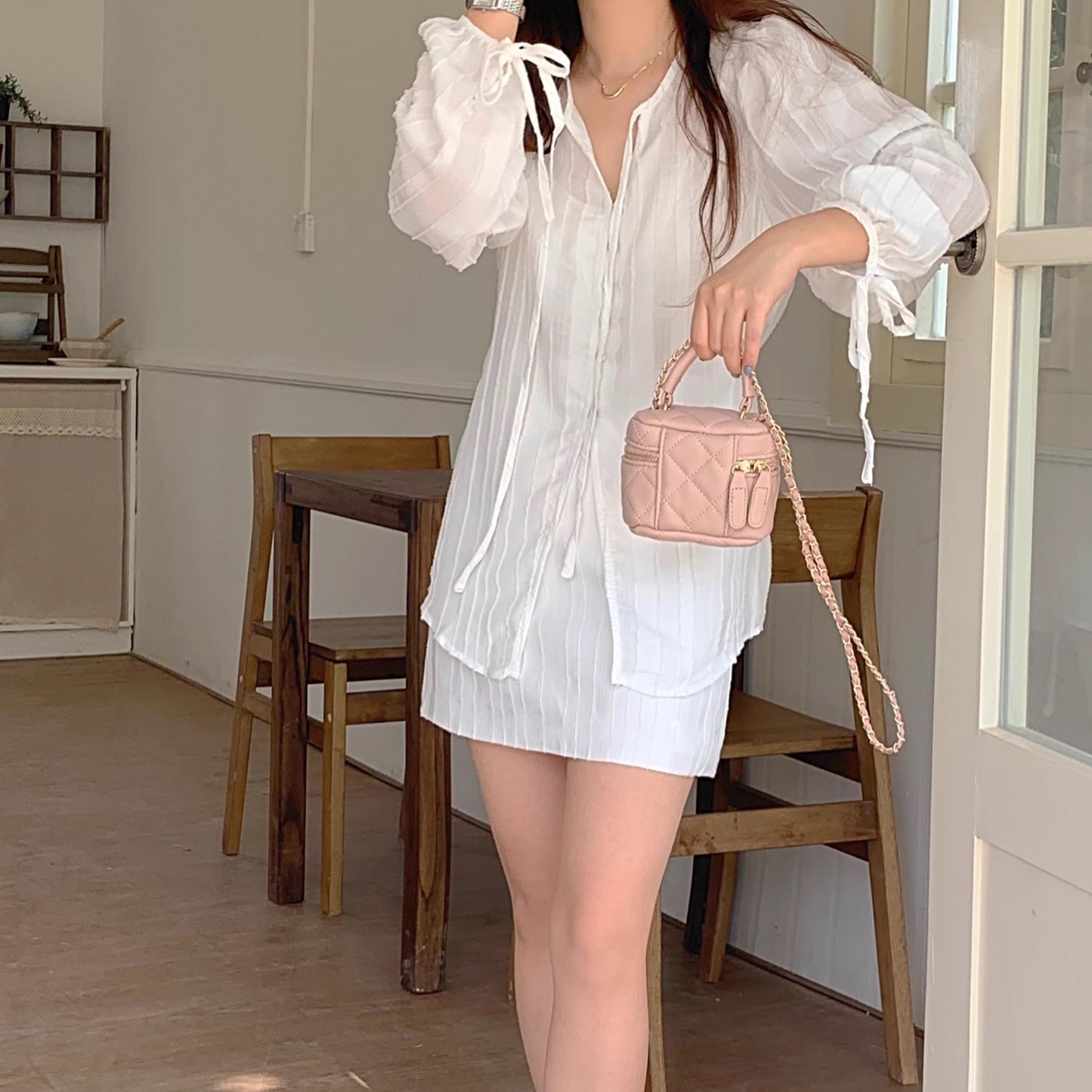 シフォン ブラウス セットアップ レディース ワンピース風 Vネック 長袖 シアー トップス ミニスカートレディース 韓国 ファッション 夏