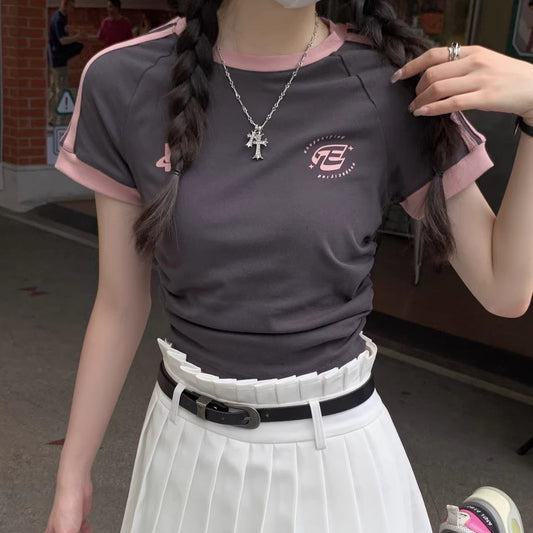 ライン Tシャツ レディース 韓国 ファッション クロップドT シャーリング リンガーtシャツ ロゴマーク 肩ライン スポーティー