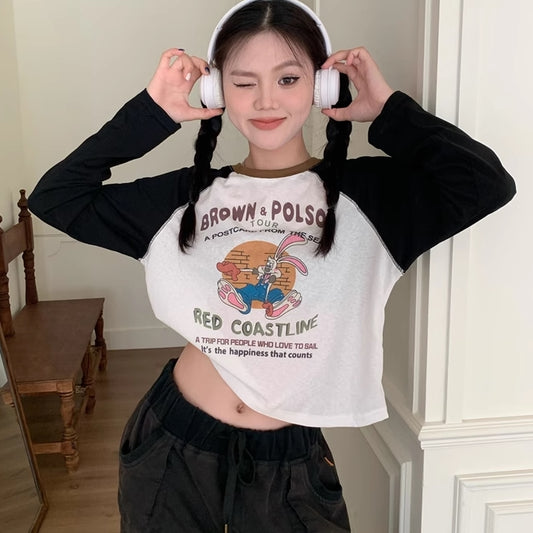 リンガー ロングT レディース 韓国 ファッション 長袖 ラグランスリーブ クロップ ロゴ T