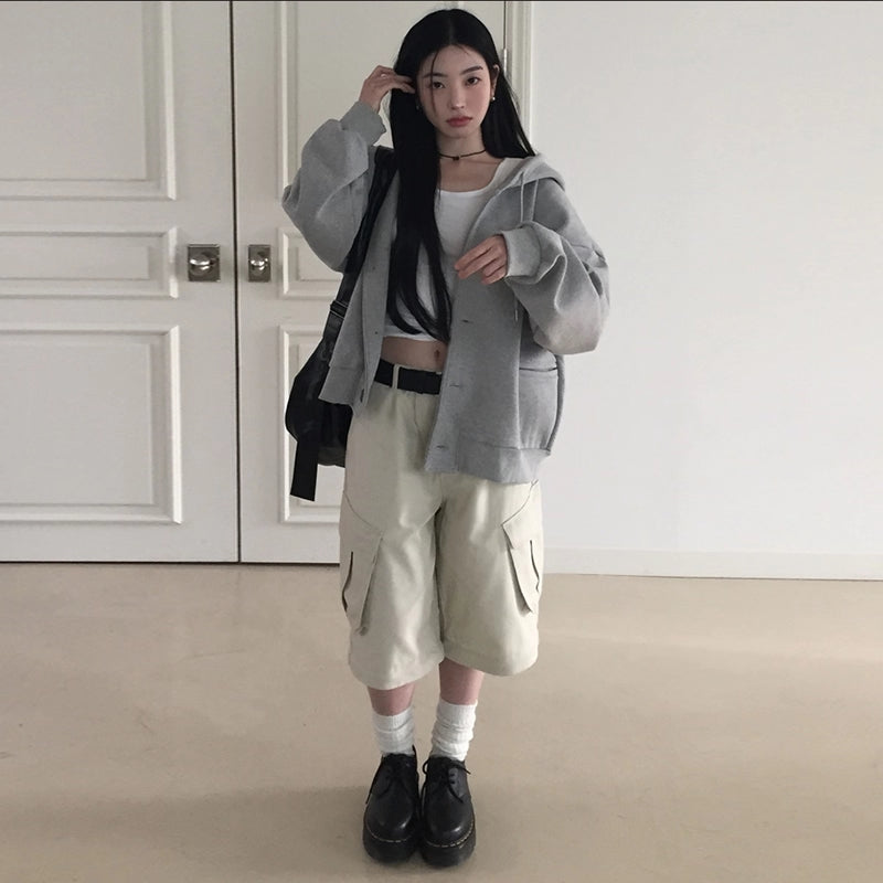 2WAY ワイド カーゴパンツ レディース ベージュ 韓国 ファッション ワークパンツ ロング ショート ジップ 切替パンツ