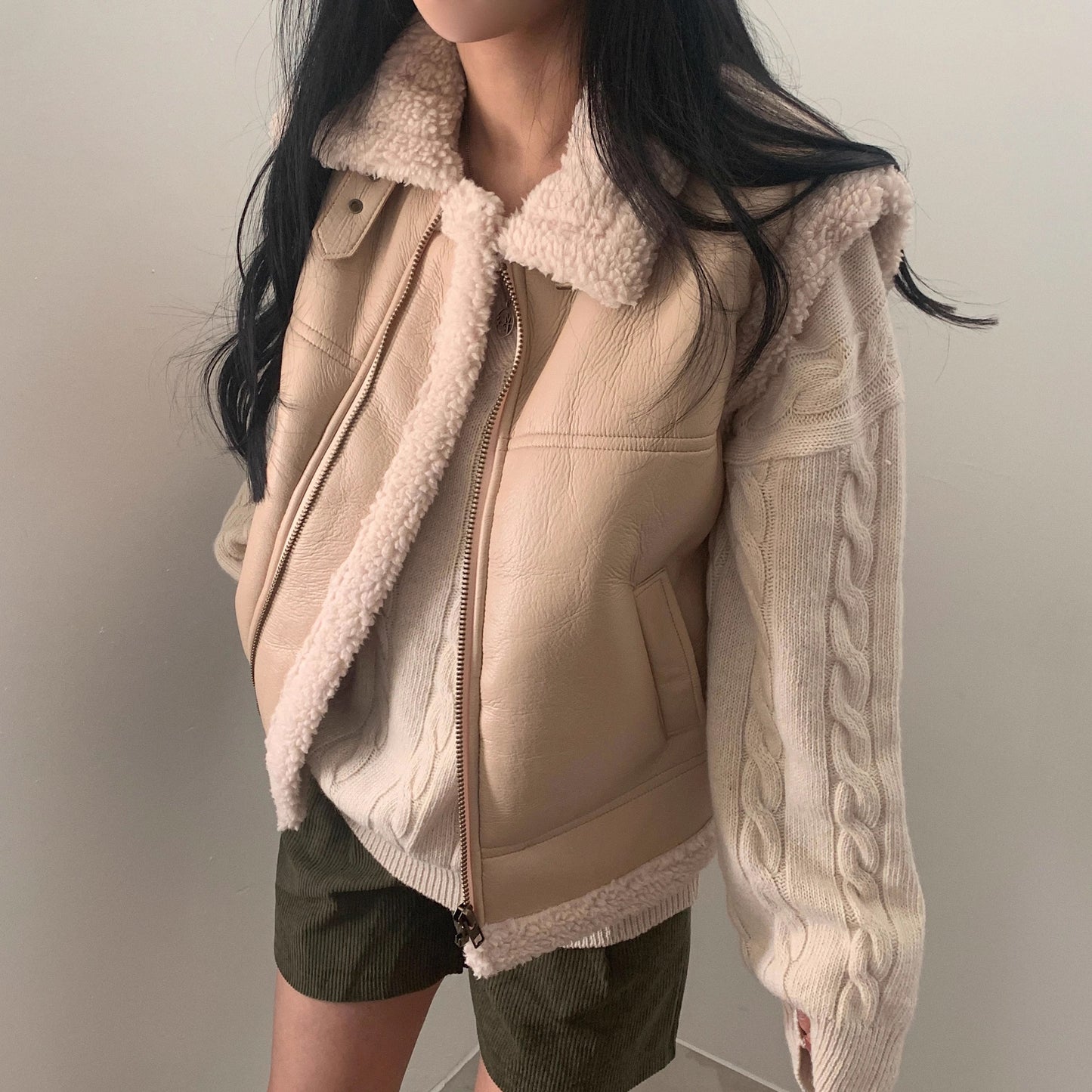 エコレザー ボア ベスト ジャケット レディース 韓国 ファッション フェイクムートン フェイクレザー 冬アウター