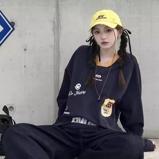 ライン ロングTシャツ レディース 韓国 ファッション ロンT ゲームシャツ ロゴプリント スポーティ ストリート トップス