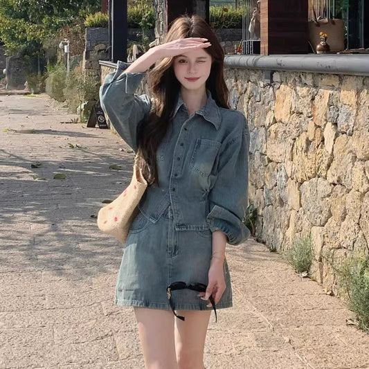 デニム セットアップ レディース ミニスカート 上下セット 韓国 ファッション ウエストシェイプ ダンガリーシャツ ダメージ加工 春夏