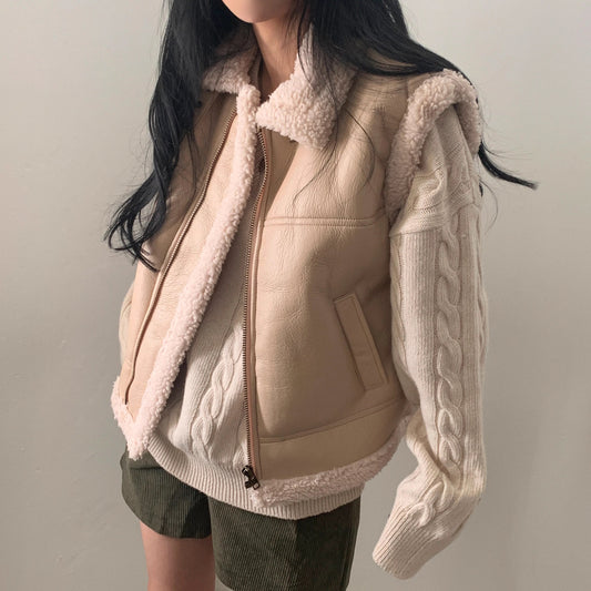 エコレザー ボア ベスト ジャケット レディース 韓国 ファッション フェイクムートン フェイクレザー 冬アウター
