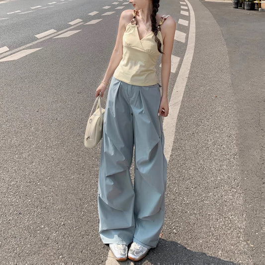 タック ワイドパンツ レディース 韓国 ファッション ボリューム 無地 ミリタリー ワイド カラーパンツ