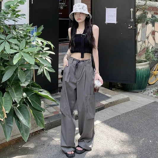 ワイド カーゴパンツ レディース 韓国 ファッション リラックス ワイドフィット ウエスト調整