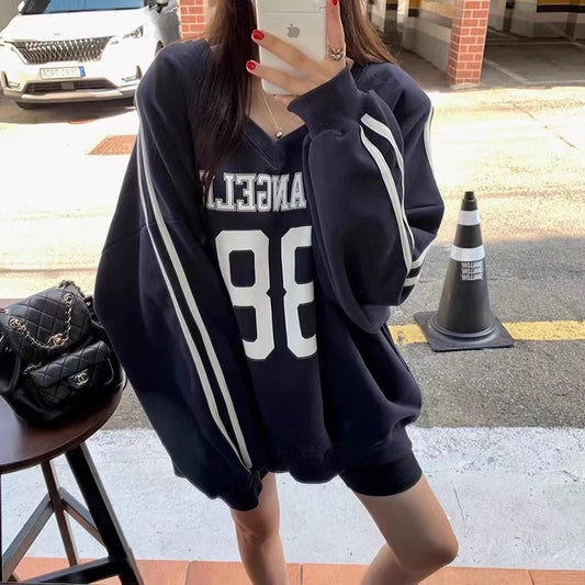 Vネック ライン スウェット トレーナー レディース 韓国 ファッション スポーティ オーバーサイズ トップス