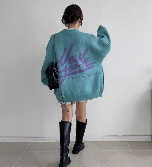 バック ロゴ ニット カーディガン レディース 韓国 ファッション ビッグシルエット ニットカーディガン