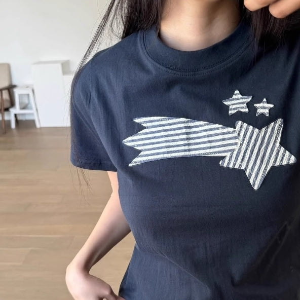 Tシャツ レディース 韓国 ファッション コットン スター 星 刺繍 パッチワーク 異素材ミックス 流れ星 夏 トップス カジュアル