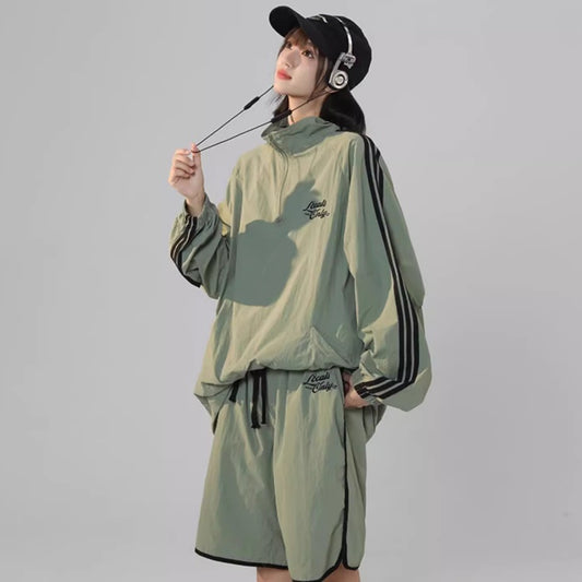 ナイロン ジャージ セットアップ レディース 韓国 ファッション オーバーサイズ サイドライン ナイロンジャケット ハーフパンツ 上下セット