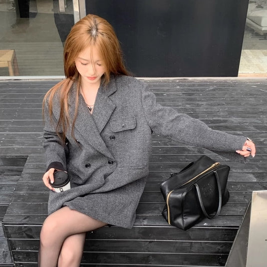 ミドル丈 チェスターコート レディース 韓国 ファッション ダブル へリンボーン グレー ジャケットコート 冬アウター