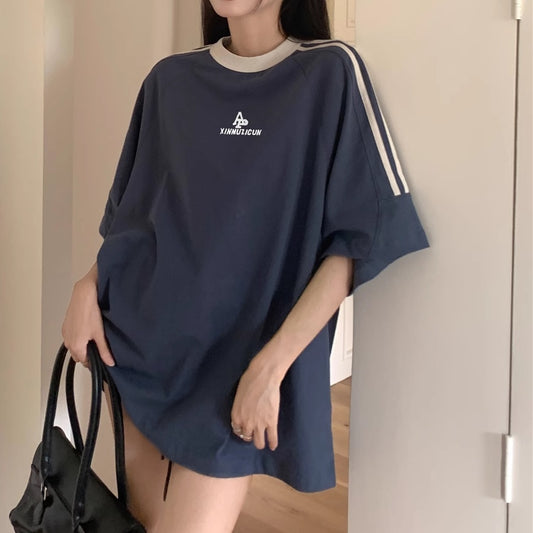 オーバーサイズ ライン Tシャツ レディース 韓国 ファッション スポーティー 袖ライン ロゴ リンガー T