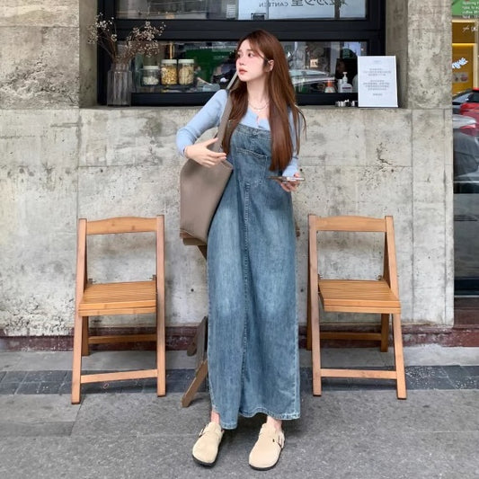 デニム サロペットスカート レディース 韓国 ファッション レトロ ダメージ加工 ジャンパースカート ボタンニット 2点セット